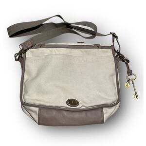 FOSSIL Long Live Vintage 54 Beige Canvas Messenger Bag Turn Lock Flap Lthr Trim